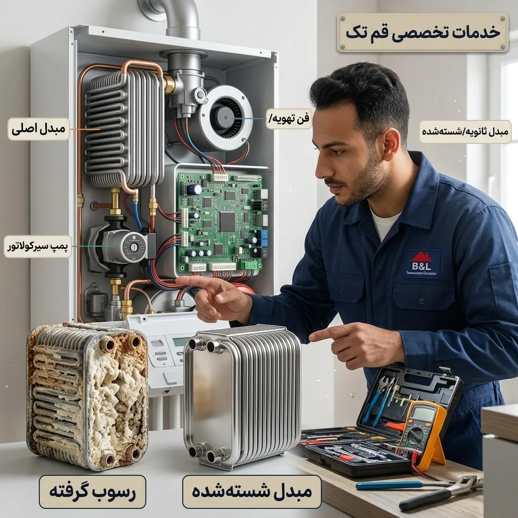 اجزای داخلی پکیج دیواری شامل مبدل، پمپ، فن و برد الکترونیکی