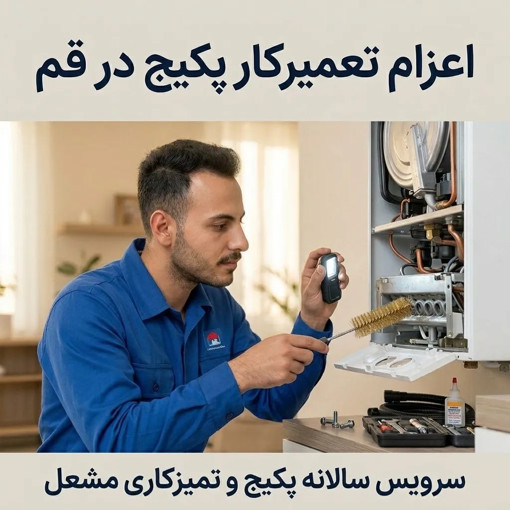 تعمیرکار در حال بررسی مبدل و پمپ پکیج